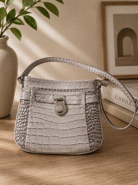 Light Gray Croc-Embossed Crossbody Shoulder Bag